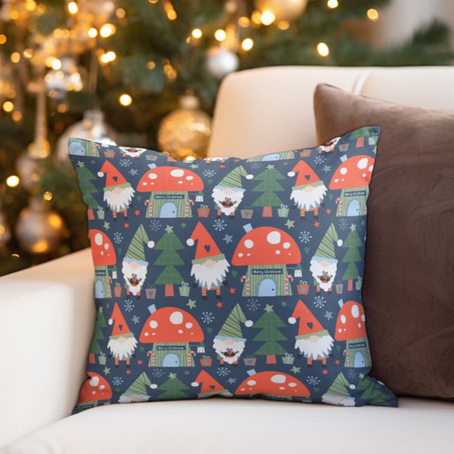Kerstkabouters Paddenstoelenhuizen Vakantie Kussen (Christmas gnomes pillow)