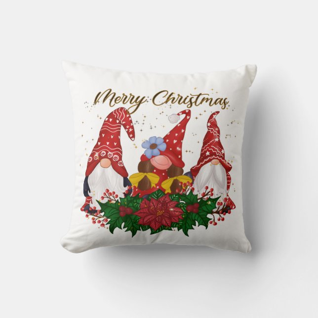 Kerstkabouters Poinsettia Whimsical Bos Kussen (Voorkant)