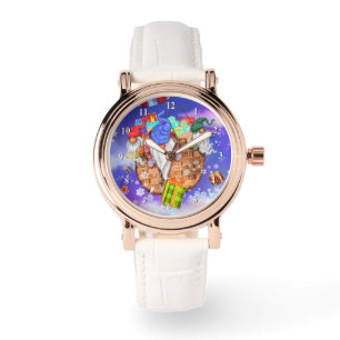 Kerstkabouters vliegen met een ballon en geven cad horloge