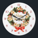 kerstkalligrafie met Wreath en Merry Grote Klok<br><div class="desc">feestelijke florale kreet met boeg en aangepaste genummerde wijzerplaat met gouden gradiënt "Kerst van de Kerst".</div>