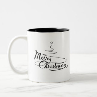 Kerstkalligrafische tekst met kerstboom tweekleurige koffiemok