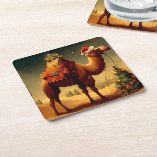 Kerstkameel 1 kartonnen onderzetters (Schuin)