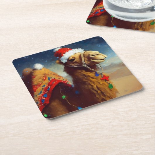 Kerstkameel 3 kartonnen onderzetters (Schuin)