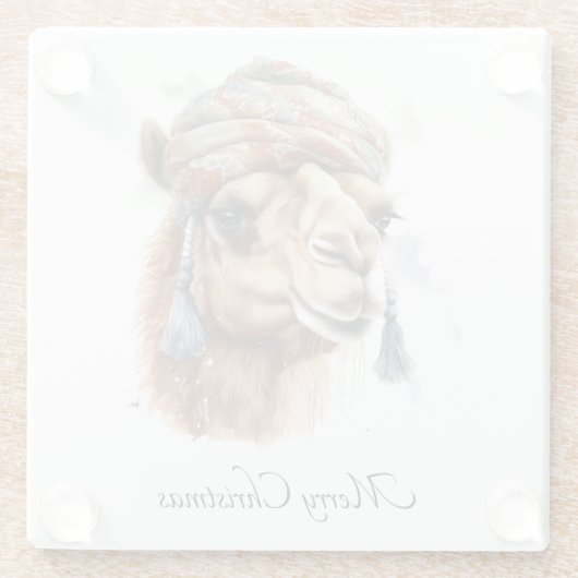 Kerstkameel, aanpasbaar glazen onderzetter (Achterkant)