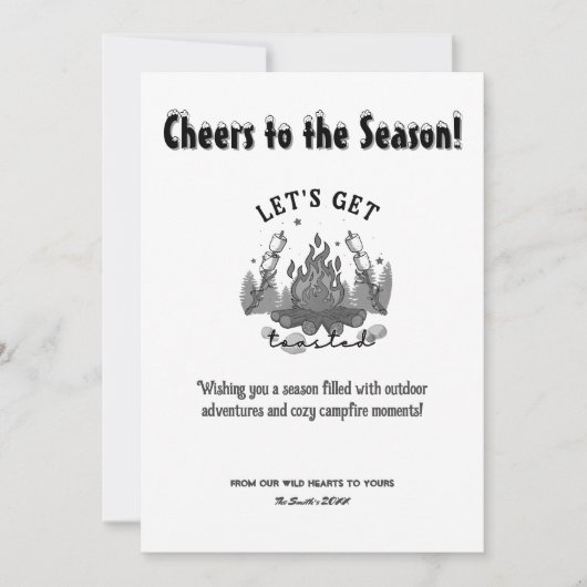 Kerstkamp Fire Pine Outdoor Adventure Zwart Feestdagenkaart (Voorkant)