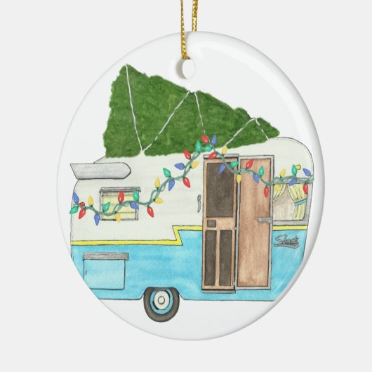  kerstkampeertrailer keramisch ornament (Links)
