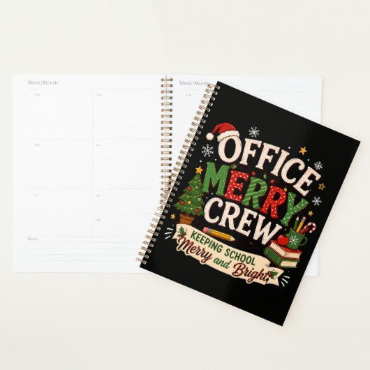 Kerstkantoor vrolijke bemanning houdt school planner (Display)
