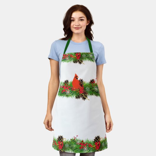 Kerstkardinaal en feestdag groen / wit schort (Gedragen)