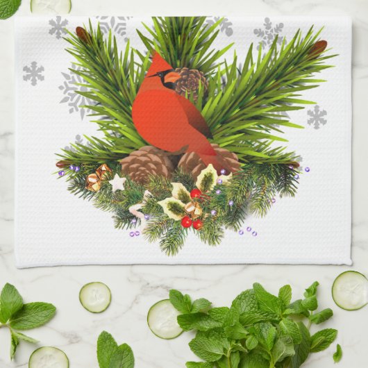 Kerstkardinaal en Greenery Theedoek (Gevouwen)