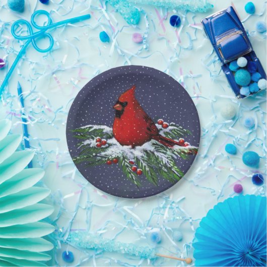 Kerstkardinaal in sneeuw: Vakantie, vogel: Kunst Papieren Bordje (Feest)