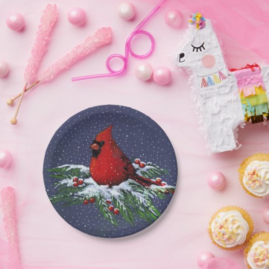 Kerstkardinaal in sneeuw: Vakantie, vogel: Kunst Papieren Bordje (Feest)