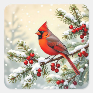 Kerstkardinaal op besneeuwde dennentak  vierkante sticker