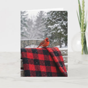 Kerstkardinaal op een Buffalo Plaid Dekbed Kaart
