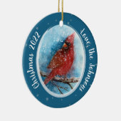 Kerstkardinale sneeuwvlokken op rood of blauw keramisch ornament (Rechts)