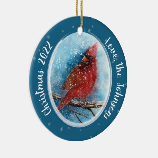 Kerstkardinale sneeuwvlokken op rood of blauw keramisch ornament (Rechts)