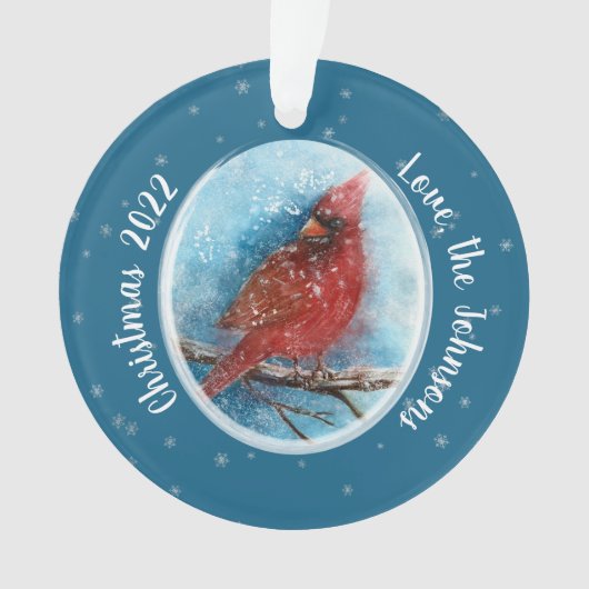 Kerstkardinale sneeuwvlokken op rood of blauw ornament (voorkant)