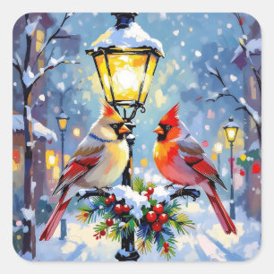 Kerstkardinalen en besneeuwde lantaarnpaal vierkante sticker