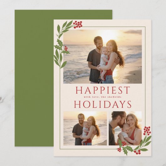 KERSTKARTRJE MET MEERDERE FOTO'S EN GROEN RAND FEESTDAGENKAART (Voorkant / Achterkant)