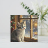 Kerstkat aan de venster  feestdagenkaart (Staand voorkant)