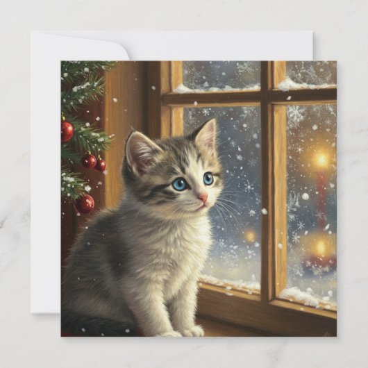 Kerstkat aan de venster  feestdagenkaart (Voorkant)