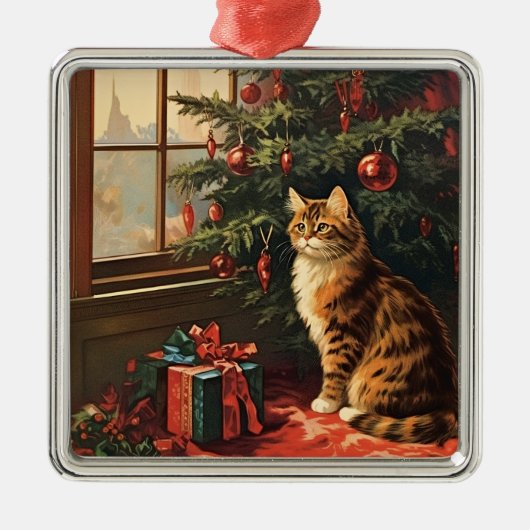 Kerstkat bij het Raam Metalen Ornament (Voorkant)