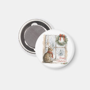 Kerstkat bij raam met krans magneet