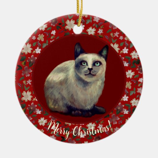 Kerstkat bloemig keramisch ornament (Voorkant)