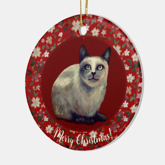 Kerstkat bloemig keramisch ornament (Links)