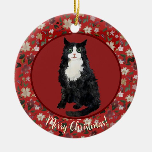 Kerstkat bloemig keramisch ornament (Voorkant)