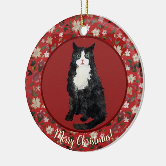 Kerstkat bloemig keramisch ornament (Links)