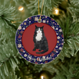 Kerstkat bloemstuk keramisch ornament