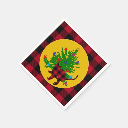 Kerstkat, Boom en Rode Buffalo geruite rustieke Servet (Hoek)