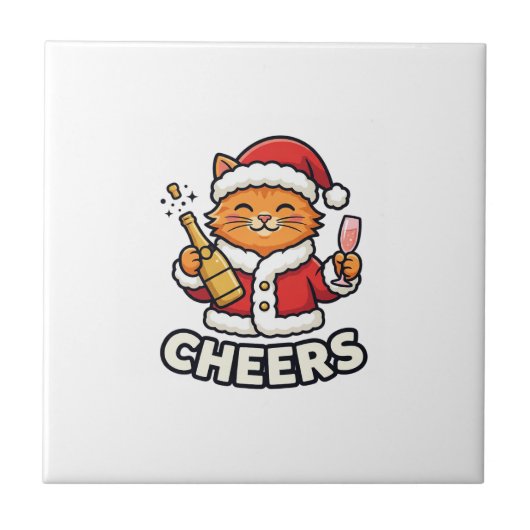 Kerstkat Cheers Vectorontwerp Tegeltje (Voorkant)