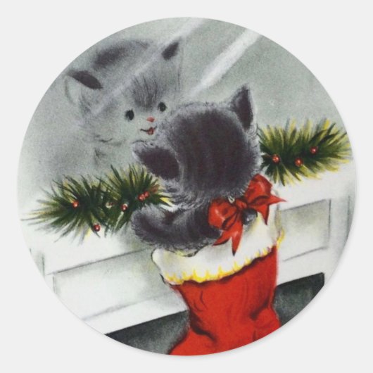 kerstkat die op spiegel kijkt ronde sticker (Voorkant)