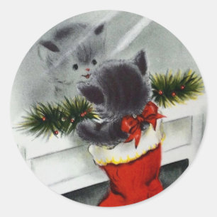  kerstkat die op spiegel kijkt ronde sticker