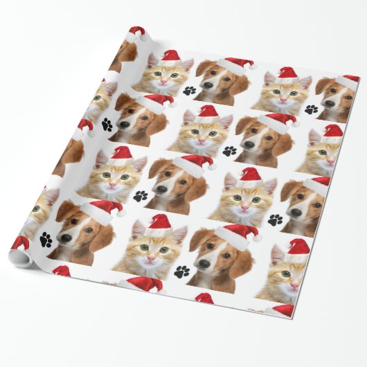 Kerstkat Dog Cute Red White Xmas Holida Cadeaupapier (Uitgerold)