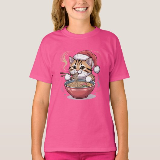 Kerstkat eet Ramen Lieve Kerstkat T-shirt (Voorkant)