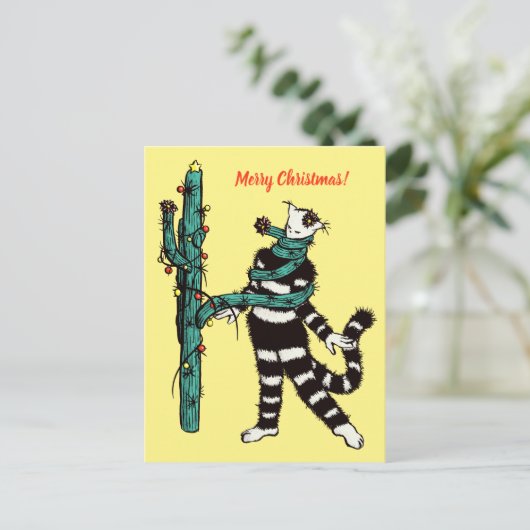 Kerstkat en cactus rare Kerstmis Briefkaart (Staand voorkant)