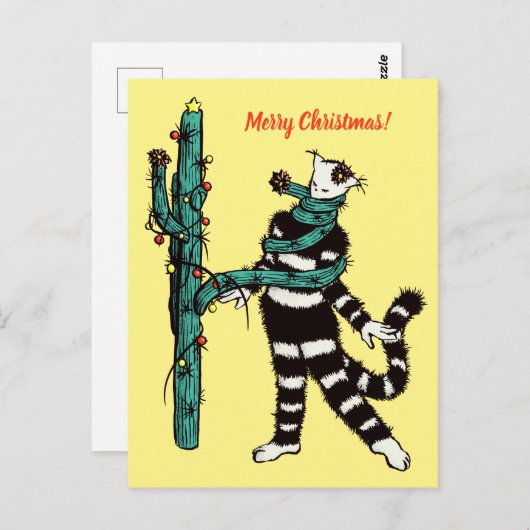 Kerstkat en cactus rare Kerstmis Briefkaart (Voorkant / Achterkant)