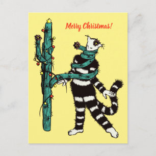 Kerstkat en cactus rare Kerstmis Briefkaart
