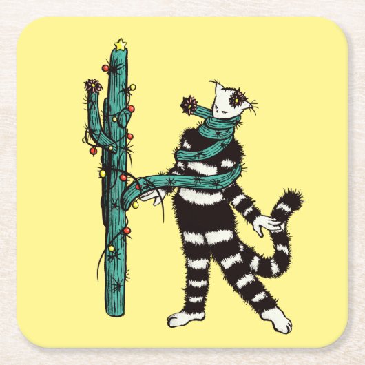 Kerstkat en cactus rare Kerstmis Kartonnen Onderzetters (Voorkant)