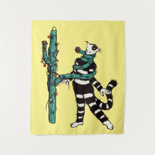 Kerstkat en cactus rare Kerstmis Wandkleed (Voorkant)