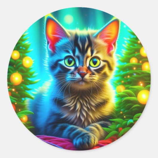 Kerstkat en kerstboom verlichting ronde sticker (Voorkant)
