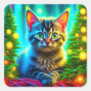 Kerstkat en kerstboom verlichting vierkante sticker