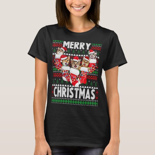 Kerstkat en stuitende kerst Ugly Sweater T-shirt (Voorkant)