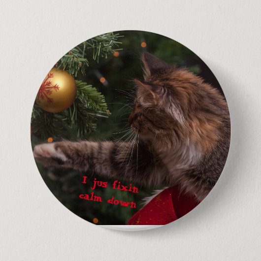 Kerstkat fixeert boom speld achter knoop ronde button 7,6 cm (Voorkant)