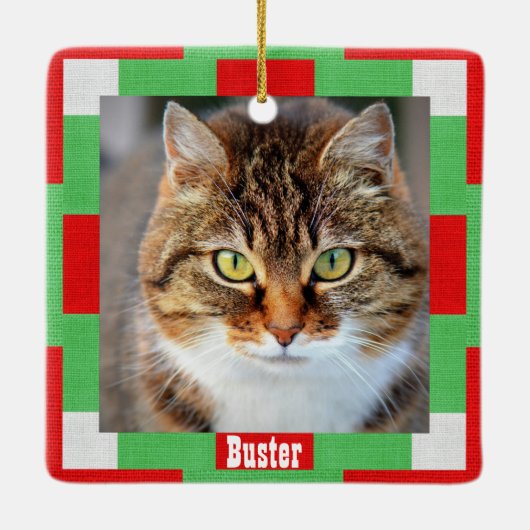 kerstkat foto's Rood Groen Keramisch Ornament (Achterkant)