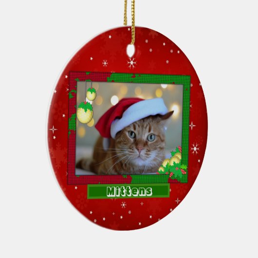 kerstkat foto's Rood Keramisch Ornament (Rechts)