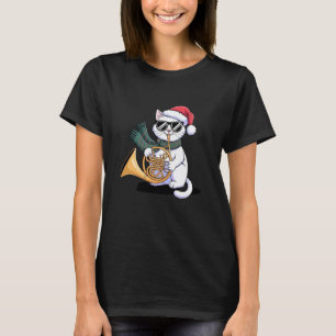 Kerstkat Franse Hoorn Cool Kerst Muziek T-shirt