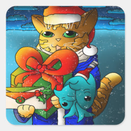 Kerstkat-gast Vierkante Sticker